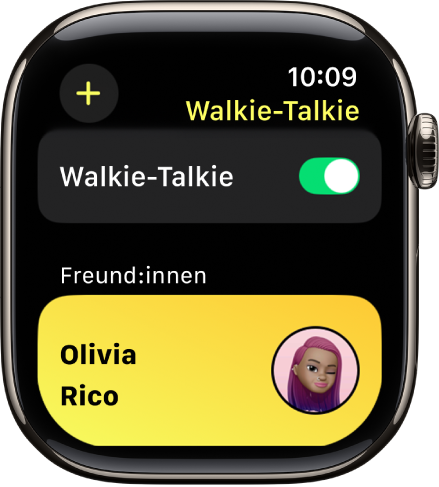 Die App „Walkie-Talkie“ mit dem Schalter „Walkie-Talkie“ oben und einer eingeladenen Person unten.