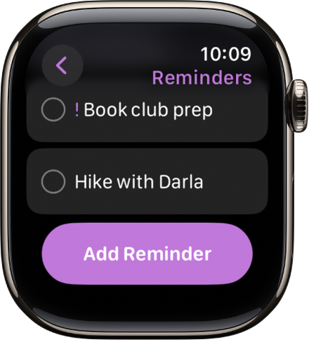 The Reminders app showing two reminders. The reminders are near the top of the screen and an Add Reminder button is below.