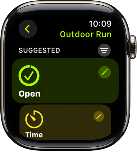 The Workout app showing a screen for editing an Outdoor Run workout. The Open tile is in the center with an Edit button at the top right. A portion of the Time tile is below.