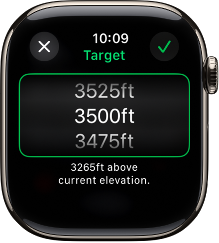 La app Brújula mostrando la pantalla Altitud objetivo. Aparece una lista desplegable de altitudes en medio de la pantalla. Debajo de la lista hay una indicación de la distancia superior o inferior de la altitud seleccionada con respecto a tu altitud actual. En la parte superior están los botones Cerrar y Seleccionar.