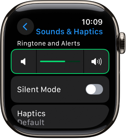 La configuración de Sonidos y vibración en el Apple Watch con el regulador Volumen de alerta en la parte superior y el botón del modo Silencio debajo de él.