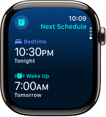 La app Sueño en el Apple Watch mostrando el horario de sueño de la noche. La hora de dormir se muestra en la parte superior, y la hora de despertar está debajo de ella.