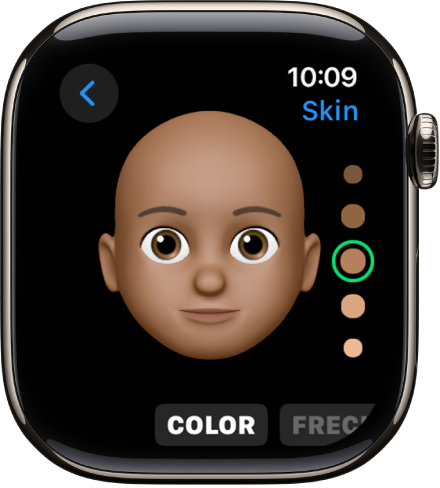 L’app Memoji sur l’Apple Watch qui affiche l’écran de modification Nez. Il y a un gros plan sur le visage qui est centré sur le nez. Le mot Color (Couleur) s’affiche en bas.