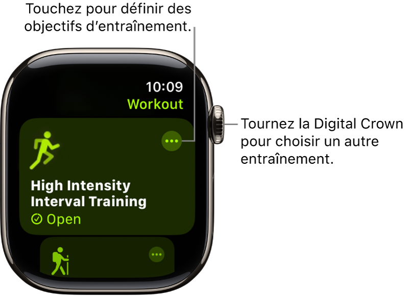 L’écran Exercice avec l’entraînement HIIT mis en avant. Un bouton Plus se trouve en haut à droite de la mosaïque d’entraînement.