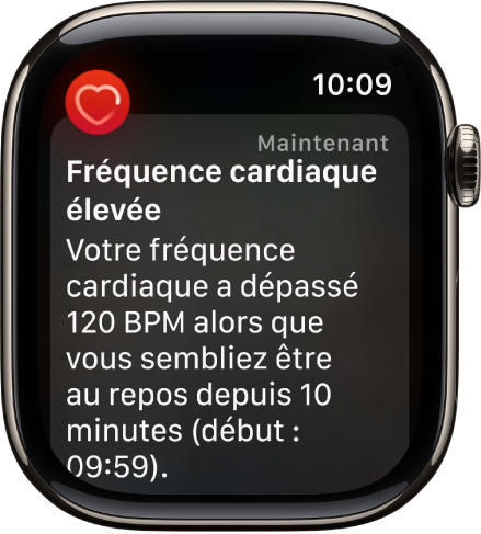 Une alerte Fréquence cardiaque, indiquant une fréquence cardiaque élevée.