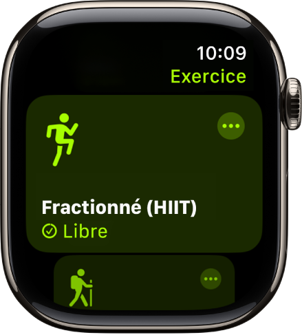 Écran Exercice affichant l’exercice Fractionné (HIIT).