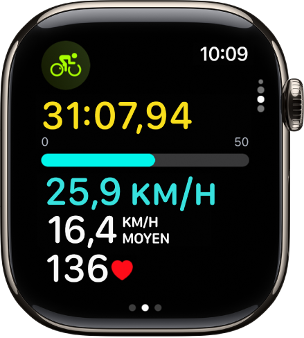L’écran Exercice affichant les mesures pour un exercice de vélo en plein air.