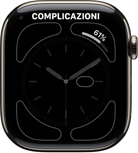 La schermata per personalizzare il quadrante di Apple Watch. La complicazione con la percentuale di batteria è nell’angolo in alto a destra.