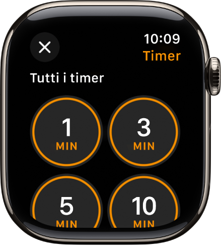 Una schermata dell’app Timer, con il pulsante Aggiungi per creare un nuovo timer e alcuni timer da 1, 3, 5 o 10 minuti.