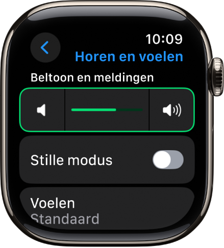 Instellingen voor horen en voelen op de Apple Watch, met bovenin de schuifknop 'Meldingsvolume' en daaronder de schakelaar 'Stille modus'.