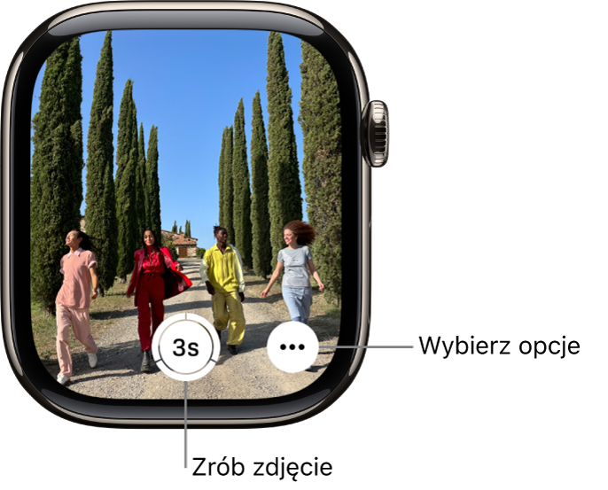 Ekran Apple Watch wyświetlający obraz z aparatu iPhone’a. Na środku na dole znajduje się przycisk migawki. W prawym dolnym rogu znajduje się przycisk Więcej opcji.