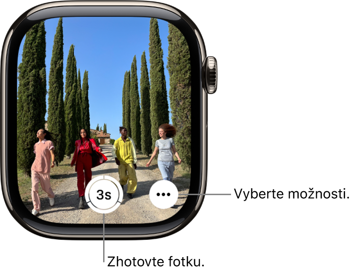 Obrazovka Apple Watch, na ktorej vidno obraz z kamery iPhonu. V strede spodnej časti obrazovky sa nachádza tlačidlo spúšte. Vpravo dole sa nachádza tlačidlo Ďalšie možnosti.