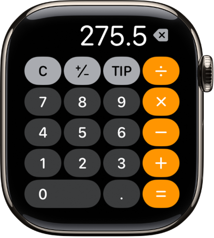 Apple Watch ที่แสดงแอปเครื่องคิดเลข หน้าจอที่แสดงแป้นตัวเลขปกติพร้อมฟังก์ชั่นทางคณิตศาสตร์ที่ด้านขวา ทางด้านบนสุดคือปุ่ม C ปุ่มบวกหรือปุ่มลบ และปุ่มเคล็ดลับ