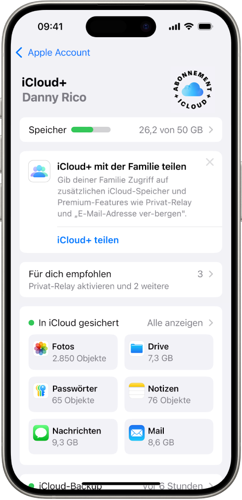 Bildschirm mit den iCloud-Einstellungen mit der Nutzungsanzeige für den iCloud-Speicher und einer Liste von Diensten wie „Fotos“, „iCloud Drive“ und „iCloud-Backup“, die mit iCloud verwendet werden können.