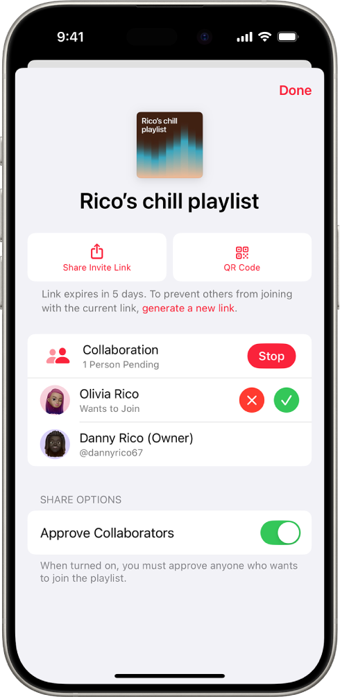 The Manage Collaboration screen in the Music app.