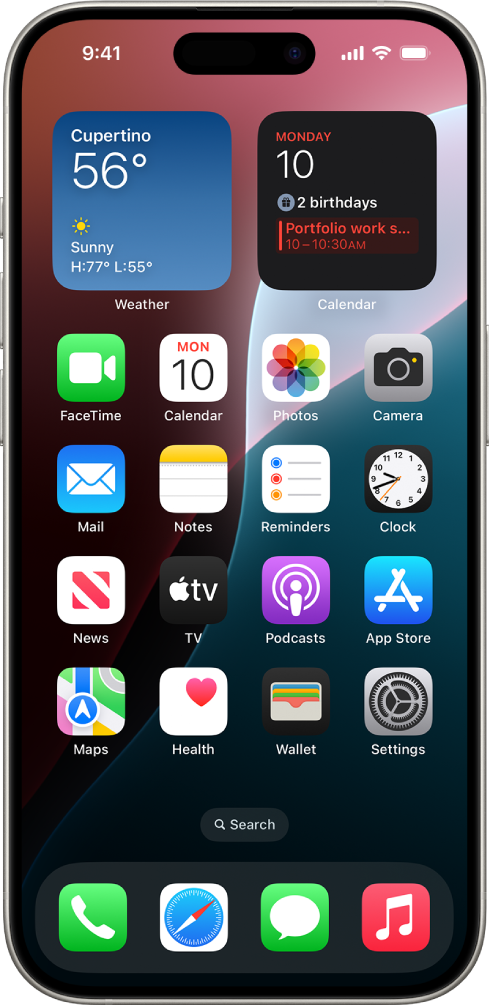 The iPhone Home Screen with Dark Mode on.