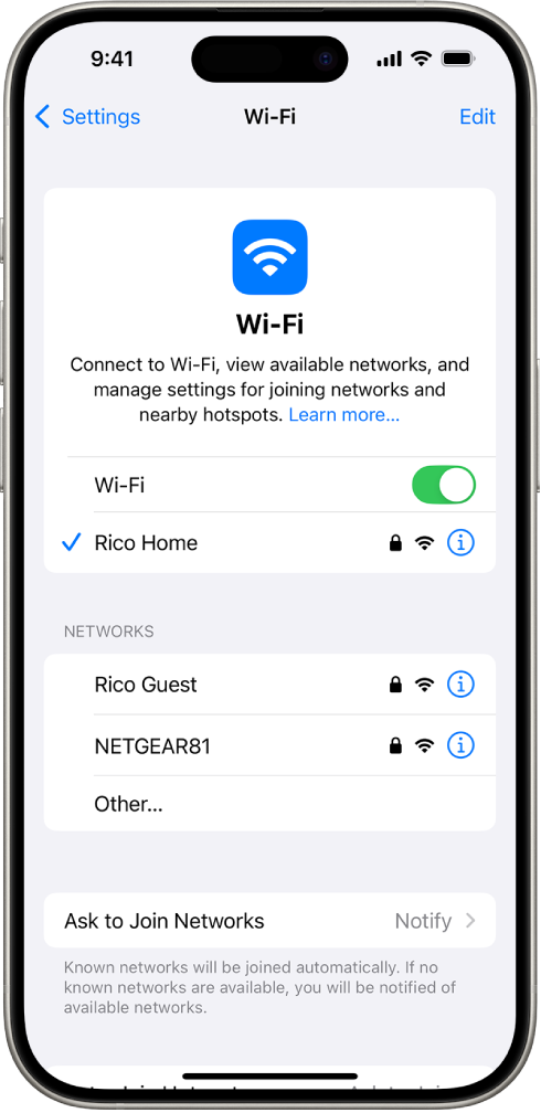 The Wi-Fi options screen in Settings. Wi-Fi is turned on, and a network is selected.