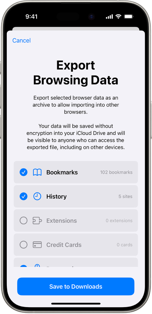 The Export Browsing Data screen, showing the data you can export from Safari to another browser.