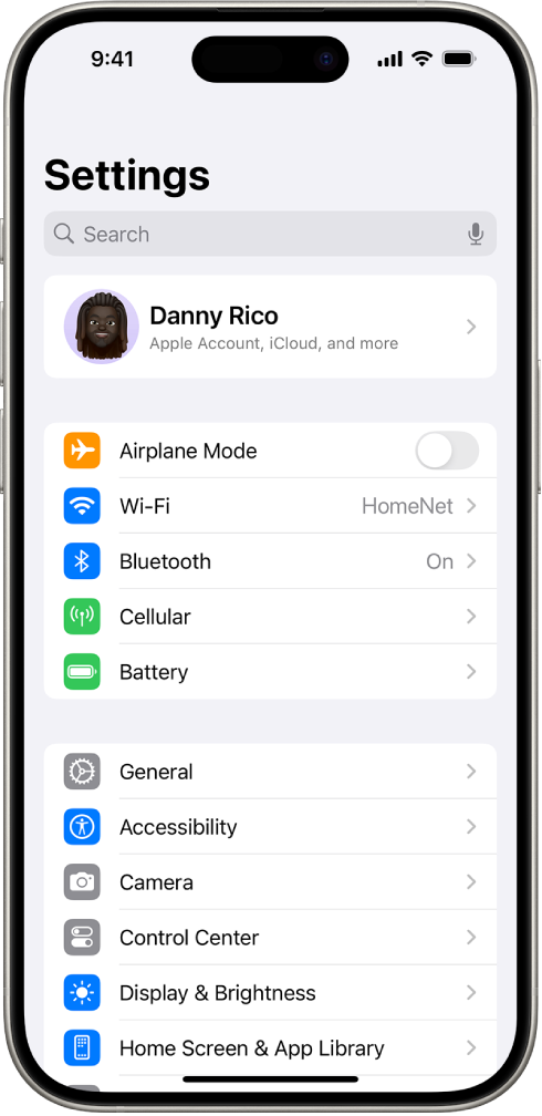 The Settings screen with the search field at the top and several settings below—such as Wi-Fi, Notifications, and Sounds & Haptics.