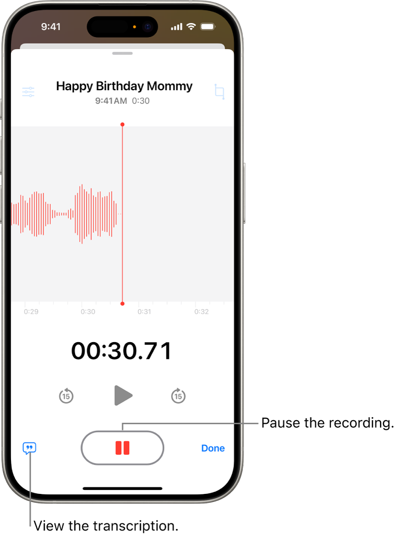 A Voice Memos recording, showing a waveform of the recording that’s in progress, along with a time indicator and a button to pause the recording.