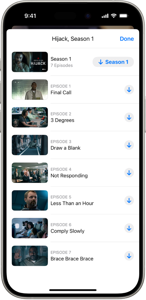 The Apple TV+ tab showing a list of episodes of an Apple Original. Buttons to download the entire season and each episode appear on the right side of the screen.