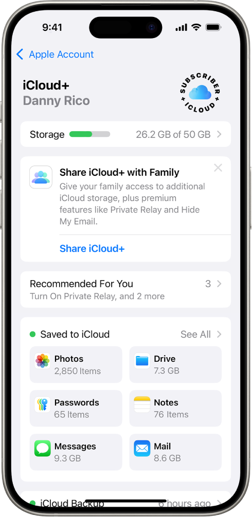 The iCloud settings screen showing the iCloud storage meter and a list of apps and features that can be used with iCloud.