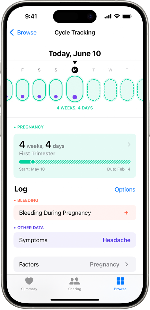 The Cycle Tracking screen with a pregnancy timeline for a week at the top of the screen. Light green ovals and purple dots mark the first 5 days on the timeline. Dashed light green ovals mark the other days on the timeline. Below the timeline is the pregnancy summary showing the gestational age, start date, and estimated due date. Below the pregnancy summary are options to add information about bleeding during pregnancy, symptoms, and more.