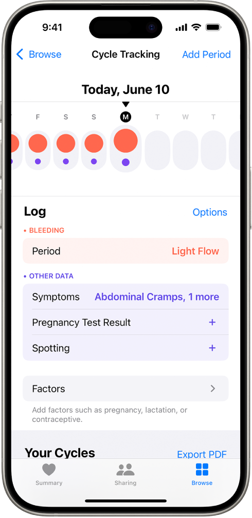 The Cycle Tracking screen showing the timeline for a week at the top of the screen. Solid red circles and purple dots mark the first 5 days on the timeline. Below the timeline are options to add information about periods, symptoms, and more.