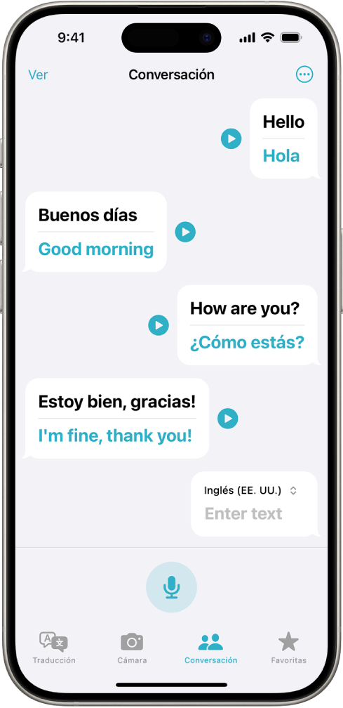 La pestaña Conversación, mostrando bocadillos de diálogo y sus traducciones.