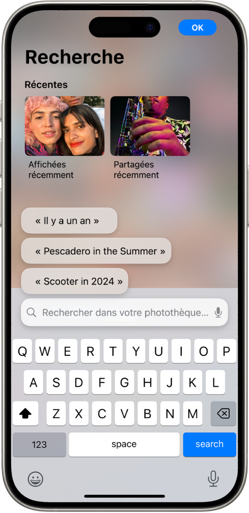 L’écran Rechercher de l’app Photos. En haut de l’écran se trouvent les photos récemment consultées ou partagées, suivies de recherches suggérées, puis du champ de recherche.