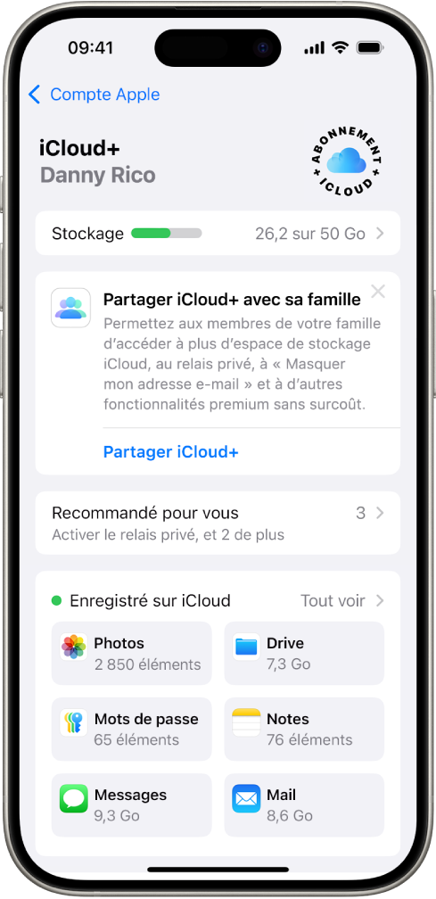 Écran des réglages iCloud montrant l’indicateur d’espace de stockage d’iCloud et une liste de fonctionnalités pouvant être utilisées avec iCloud, notamment Photos, iCloud Drive et Sauvegarde iCloud.