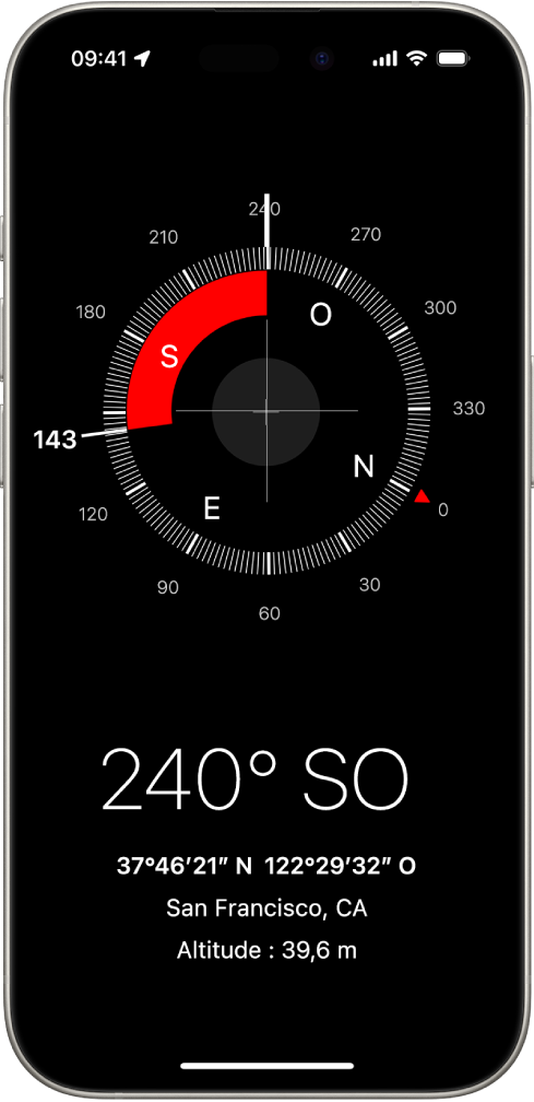 L’écran Boussole affichant la direction vers laquelle l’iPhone est orienté, la position et l’altitude actuelles.