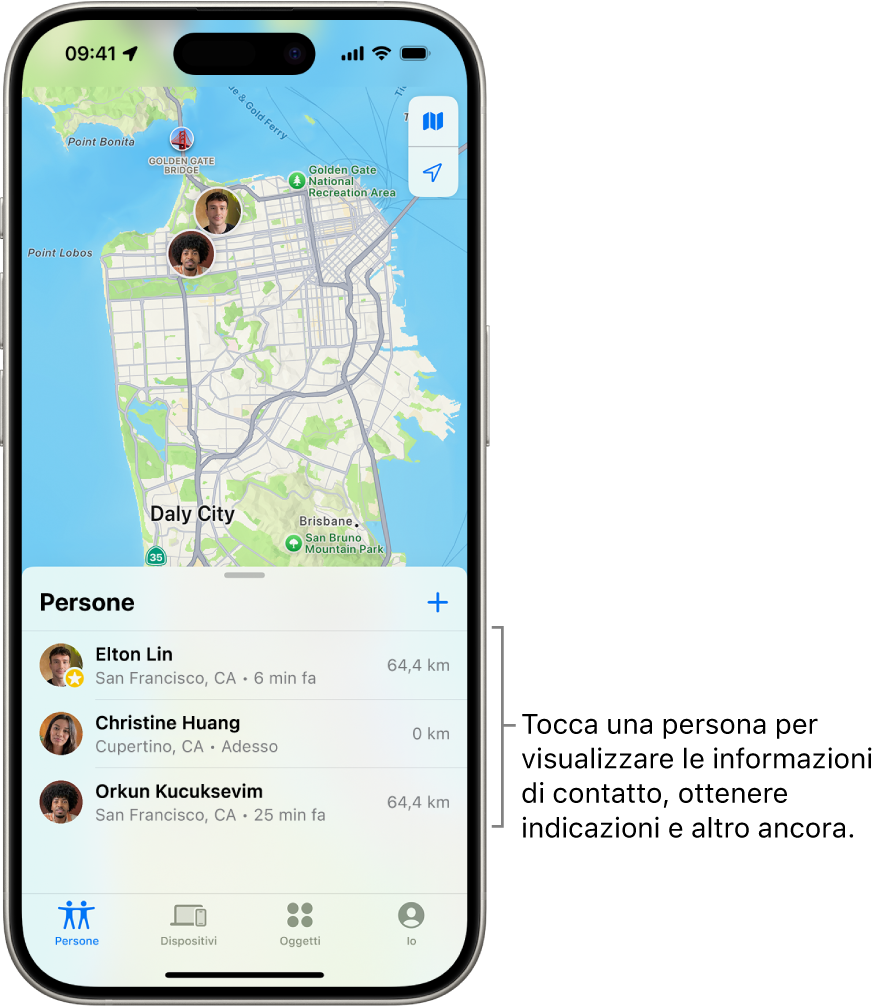 La schermata di Dov’è aperta sull’elenco Persone. Nell’elenco sono visibili quattro persone: Olivia Ricci, Daria Riccardi, Alice Ricci e Guglielmo Ricci. Tocca il pulsante Aggiungi in cima all’elenco Persone per condividere la tua posizione.