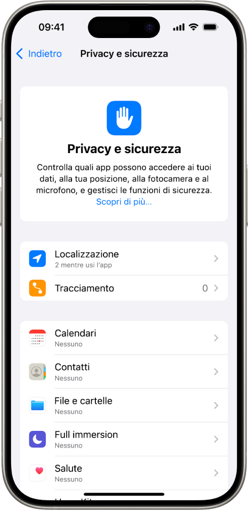 La schermata “Privacy e sicurezza” in Impostazioni.