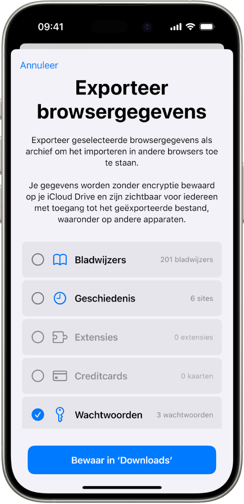 Het scherm voor het exporteren van browsergegevens, waarbij de optie 'Wachtwoorden' is geselecteerd, zodat de wachtwoorden kunnen worden geëxporteerd naar een andere wachtwoordbeheerder.