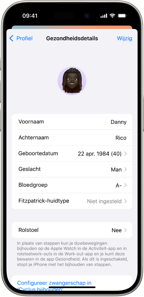 Het scherm 'Gezondheidsdetails', met velden voor naam, geboortedatum, bloedgroep en andere informatie.