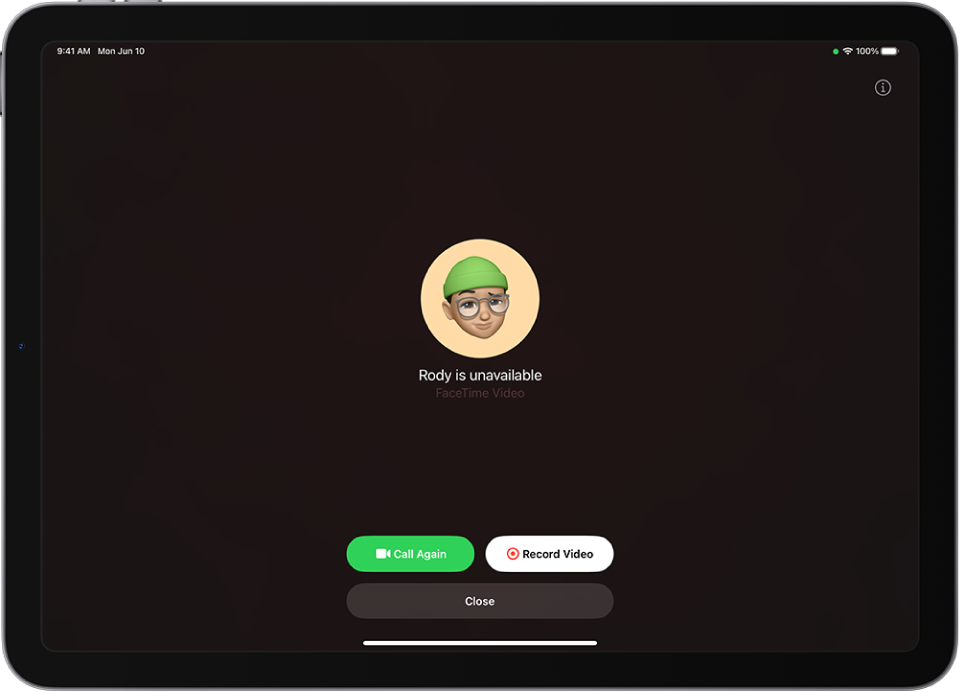 Obrazovka Záznam videa s oznámením, že volaná osoba je nedostupná. Na obrazovce jsou vidět tlačítka Zavolat znovu a Záznam videa – klepnutím na druhé z nich spustíte nahrávání videozprávy.