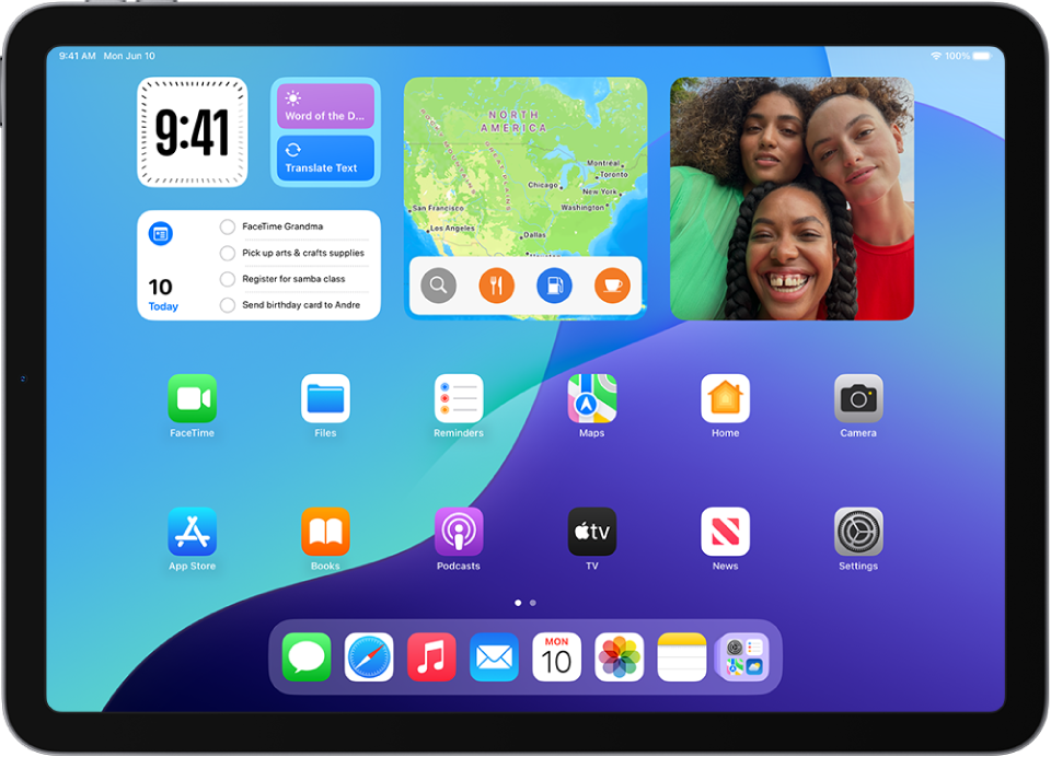 The iPad Home Screen with several app icons, including the Settings app icon, which you can tap to change your iPad sound volume, screen brightness, and more.