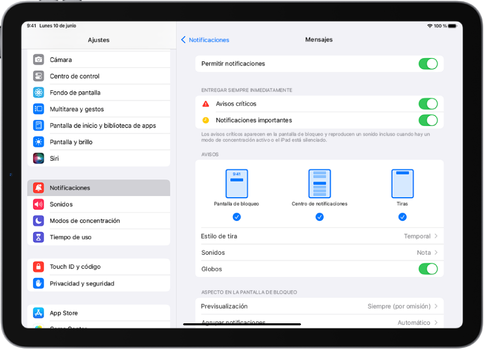 El iPad con ajustes de la app Mensajes para las notificaciones y los avisos.
