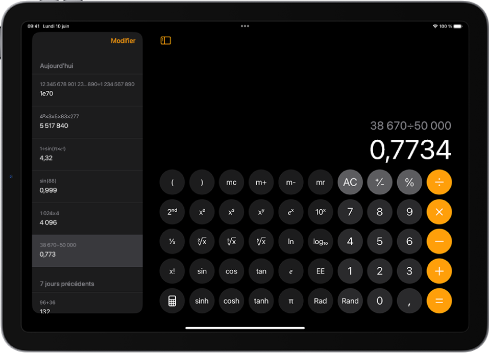 Historique des calculs sur l’iPad.
