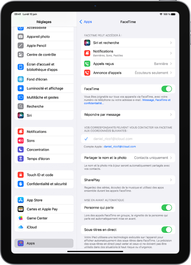 L’écran Réglages de FaceTime, avec la commande d’activation ou de désactivation de FaceTime ainsi que le compte Apple utilisé pour FaceTime.