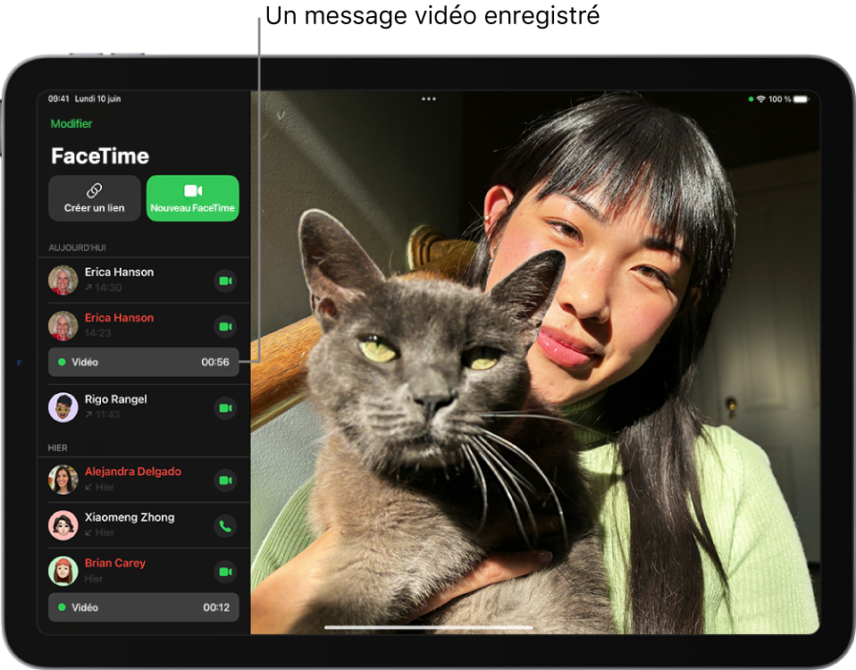 L’historique des appels FaceTime, avec un lien vers un message vidéo enregistré.