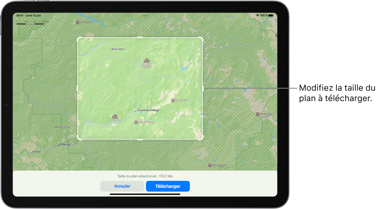 Un iPad affichant un plan d’un parc national. Le parc est encadré par un rectangle avec des poignées, qui peuvent être déplacées pour modifier la taille du plan à télécharger. La taille de téléchargement du plan sélectionné est indiquée vers le bas du plan. Les boutons Annuler et Télécharger se trouvent en bas de l’écran.