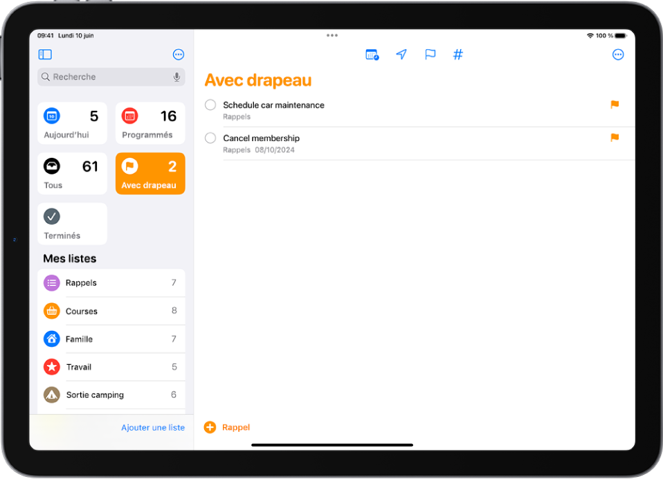 Un écran de Rappels avec une liste intelligente contenant tous les éléments marqués d’un drapeau.