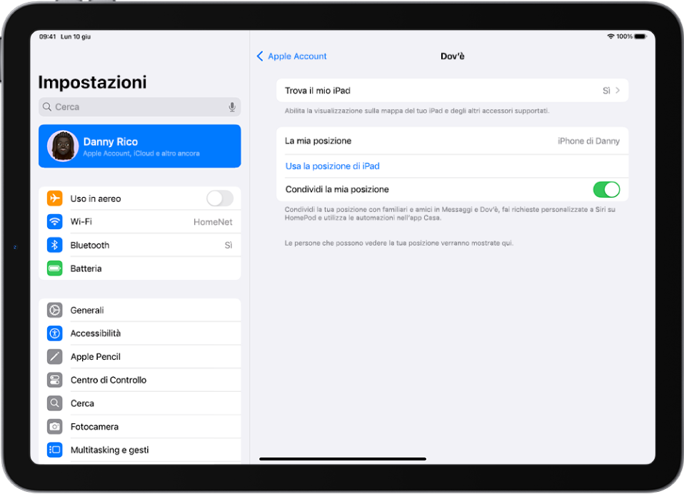 Una schermata con le impostazioni per l’app Dov’è e le opzioni per attivare Trova iPad e “Condividi la mia posizione”.