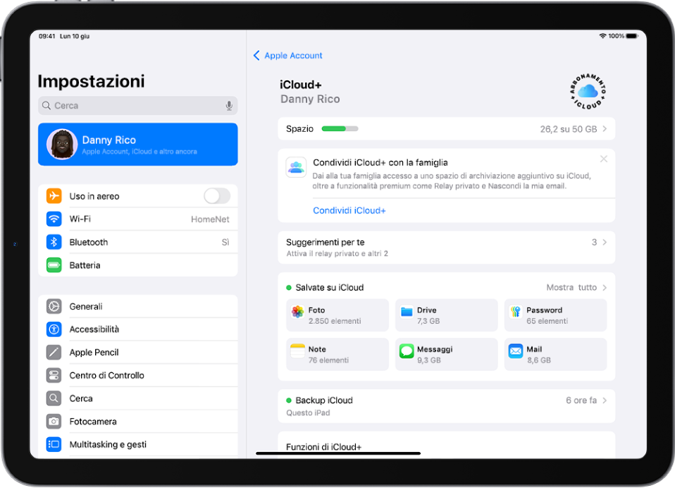 La schermata delle impostazioni di iCloud che mostra la barra dello spazio di archiviazione disponibile e un elenco di app e funzioni, tra cui Foto, iCloud Drive e Mail di iCloud, che possono essere utilizzati con iCloud.