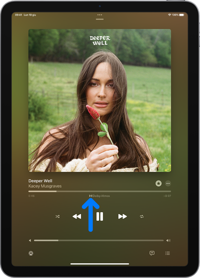 La schermata di “In riproduzione” che mostra l’icona Dolby Atmos per la traccia in riproduzione.