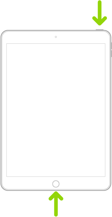 Un modello di iPad con il tasto Home. Due frecce indicano il tasto Home e il tasto superiore.