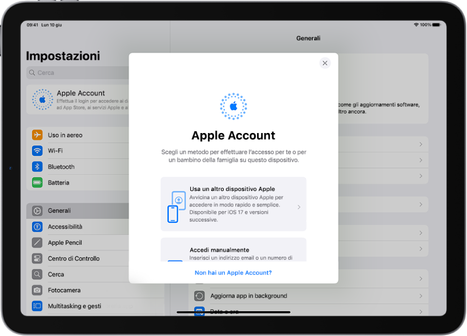 La schermata di Impostazioni, con la finestra di dialogo di login dell’Apple Account al centro dello schermo.