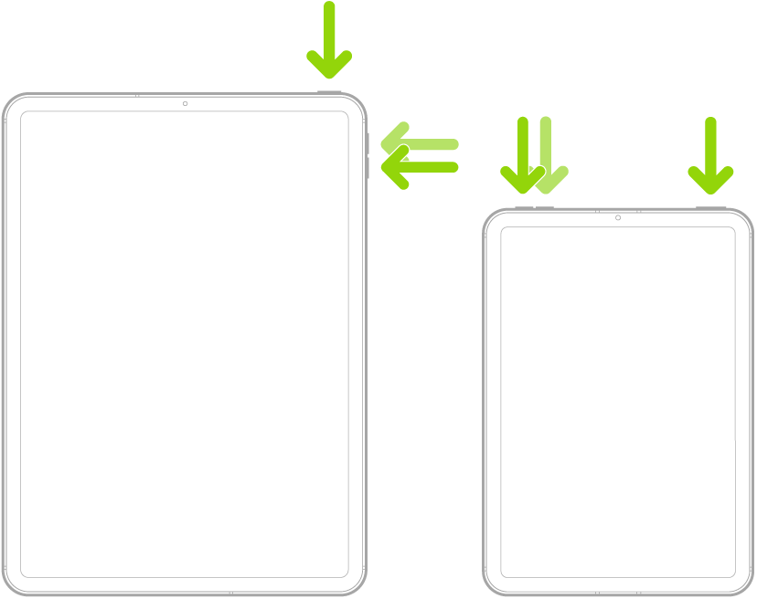 Due modelli di iPad. Entrambi hanno un pulsante superiore, un modello di iPad ha i tasti del volume su un lato, mentre l’altro ha il tasto del volume in alto. Due frecce indicano il tasto superiore e i tasti volume.